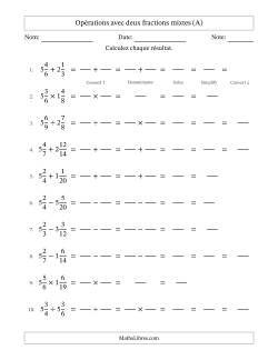 Opérations avec deux fractions mixtes avec dénominateurs similaires, résultats sous fractions mixtes et quelque simplification (Remplissable)