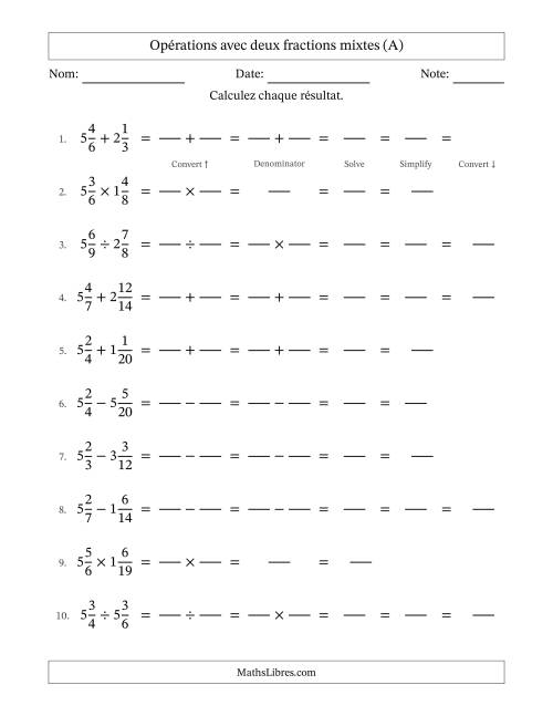 Opérations avec deux fractions mixtes avec dénominateurs similaires, résultats sous fractions mixtes et quelque simplification (Remplissable) (A)