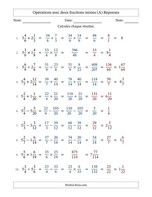 Opérations avec deux fractions mixtes avec dénominateurs similaires, résultats sous fractions mixtes et quelque simplification (Remplissable) (A) page 2