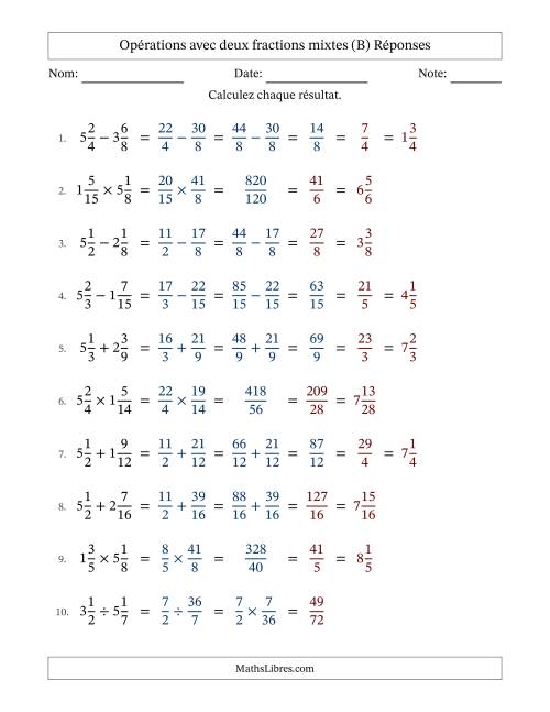 Opérations avec deux fractions mixtes avec dénominateurs similaires, résultats sous fractions mixtes et quelque simplification (Remplissable) (B) page 2