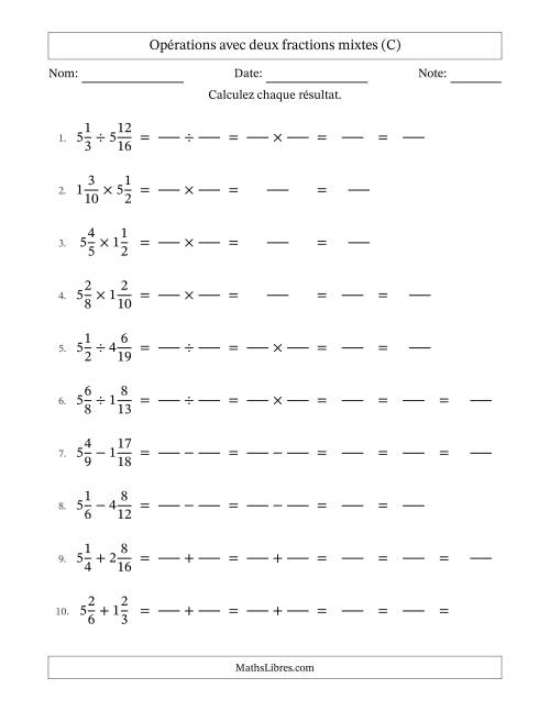 Opérations avec deux fractions mixtes avec dénominateurs similaires, résultats sous fractions mixtes et quelque simplification (Remplissable) (C)