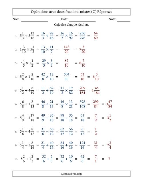 Opérations avec deux fractions mixtes avec dénominateurs similaires, résultats sous fractions mixtes et quelque simplification (Remplissable) (C) page 2