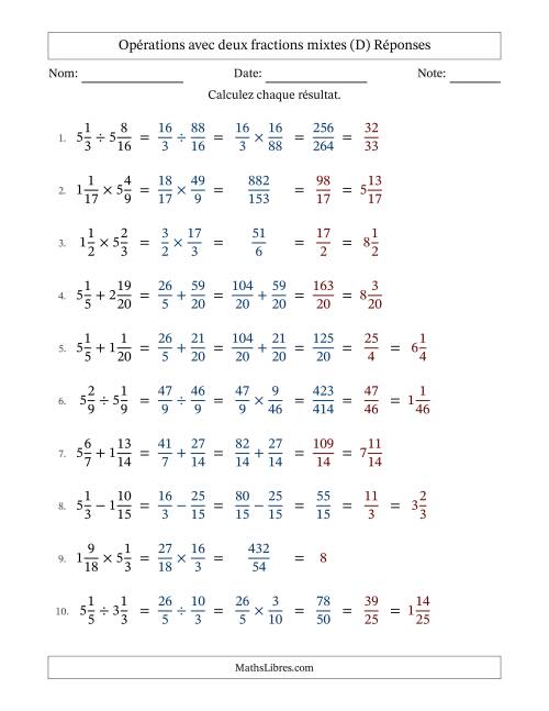 Opérations avec deux fractions mixtes avec dénominateurs similaires, résultats sous fractions mixtes et quelque simplification (Remplissable) (D) page 2
