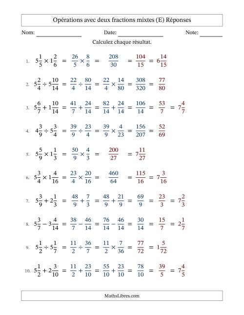 Opérations avec deux fractions mixtes avec dénominateurs similaires, résultats sous fractions mixtes et quelque simplification (Remplissable) (E) page 2