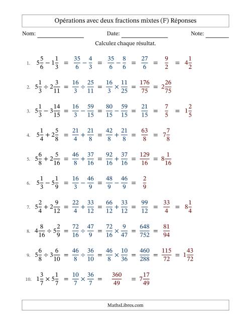 Opérations avec deux fractions mixtes avec dénominateurs similaires, résultats sous fractions mixtes et quelque simplification (Remplissable) (F) page 2