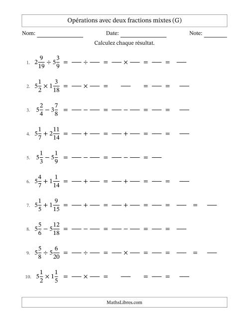 Opérations avec deux fractions mixtes avec dénominateurs similaires, résultats sous fractions mixtes et quelque simplification (Remplissable) (G)