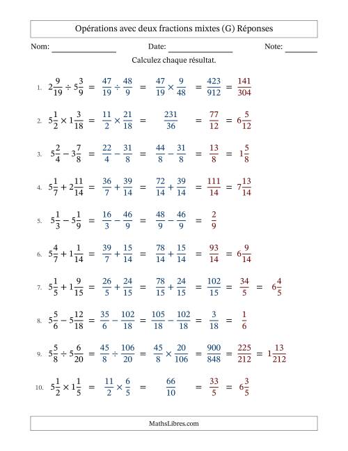 Opérations avec deux fractions mixtes avec dénominateurs similaires, résultats sous fractions mixtes et quelque simplification (Remplissable) (G) page 2