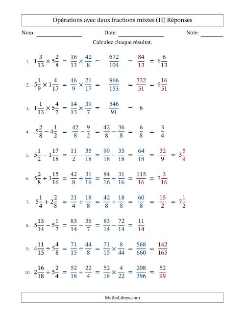 Opérations avec deux fractions mixtes avec dénominateurs similaires, résultats sous fractions mixtes et quelque simplification (Remplissable) (H) page 2