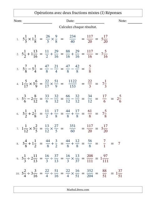 Opérations avec deux fractions mixtes avec dénominateurs similaires, résultats sous fractions mixtes et quelque simplification (Remplissable) (I) page 2