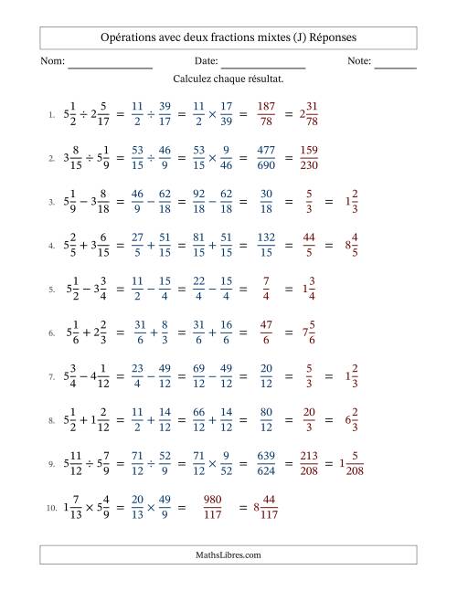 Opérations avec deux fractions mixtes avec dénominateurs similaires, résultats sous fractions mixtes et quelque simplification (Remplissable) (J) page 2