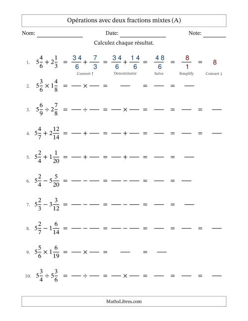 Opérations avec deux fractions mixtes avec dénominateurs similaires, résultats sous fractions mixtes et quelque simplification (Remplissable) (Tout)