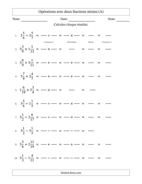 Opérations avec deux fractions mixtes avec dénominateurs différents, résultats sous fractions mixtes et sans simplification (Remplissable) (A)