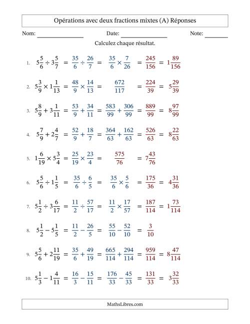 Opérations avec deux fractions mixtes avec dénominateurs différents, résultats sous fractions mixtes et sans simplification (Remplissable) (A) page 2
