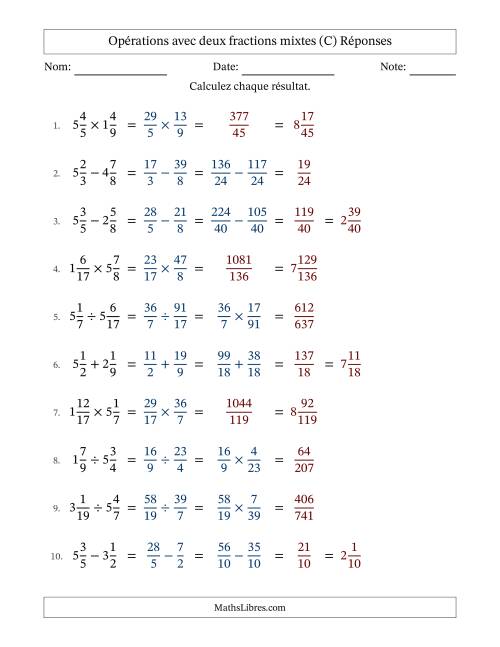 Opérations avec deux fractions mixtes avec dénominateurs différents, résultats sous fractions mixtes et sans simplification (Remplissable) (C) page 2