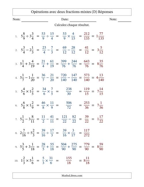 Opérations avec deux fractions mixtes avec dénominateurs différents, résultats sous fractions mixtes et sans simplification (Remplissable) (D) page 2