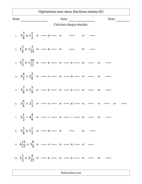 Opérations avec deux fractions mixtes avec dénominateurs différents, résultats sous fractions mixtes et sans simplification (Remplissable) (E)