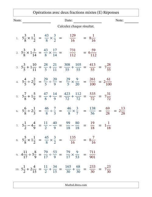Opérations avec deux fractions mixtes avec dénominateurs différents, résultats sous fractions mixtes et sans simplification (Remplissable) (E) page 2