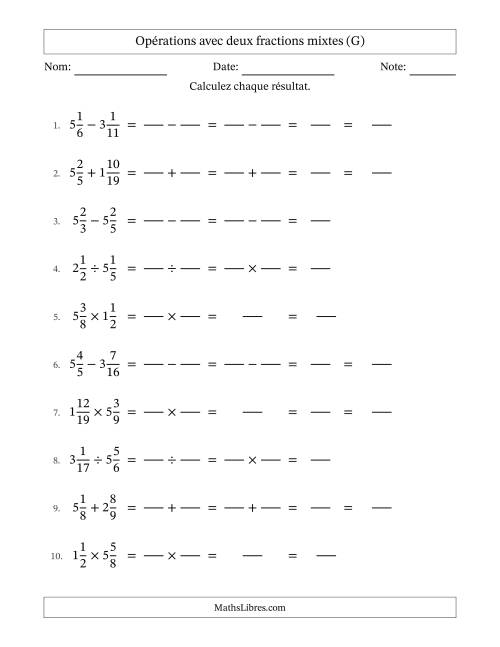 Opérations avec deux fractions mixtes avec dénominateurs différents, résultats sous fractions mixtes et sans simplification (Remplissable) (G)