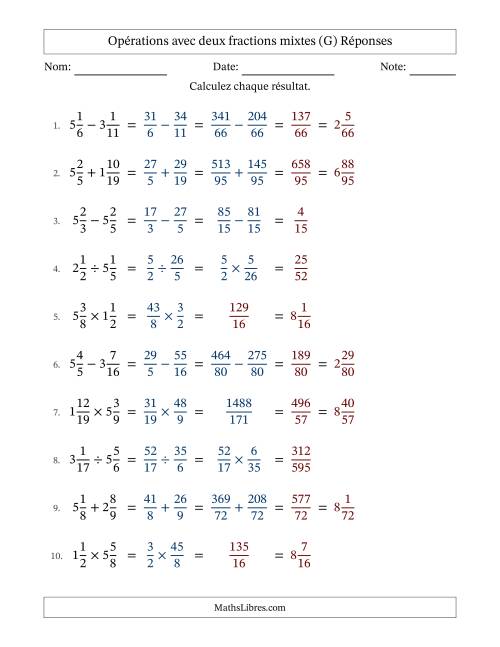 Opérations avec deux fractions mixtes avec dénominateurs différents, résultats sous fractions mixtes et sans simplification (Remplissable) (G) page 2