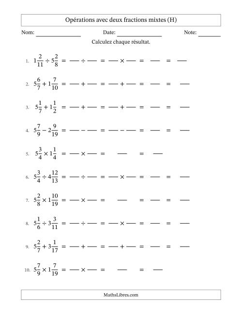 Opérations avec deux fractions mixtes avec dénominateurs différents, résultats sous fractions mixtes et sans simplification (Remplissable) (H)