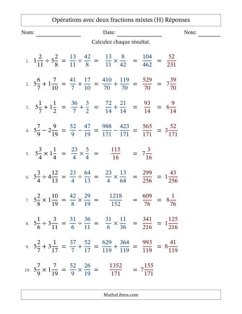 Opérations avec deux fractions mixtes avec dénominateurs différents, résultats sous fractions mixtes et sans simplification (Remplissable) (H) page 2