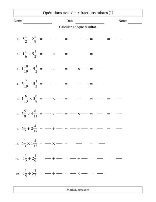 Opérations avec deux fractions mixtes avec dénominateurs différents, résultats sous fractions mixtes et sans simplification (Remplissable) (I)