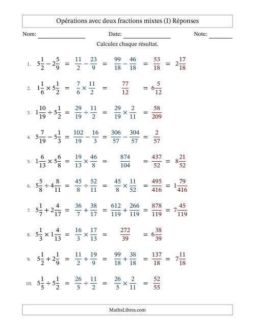 Opérations avec deux fractions mixtes avec dénominateurs différents, résultats sous fractions mixtes et sans simplification (Remplissable) (I) page 2