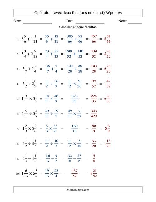 Opérations avec deux fractions mixtes avec dénominateurs différents, résultats sous fractions mixtes et sans simplification (Remplissable) (J) page 2