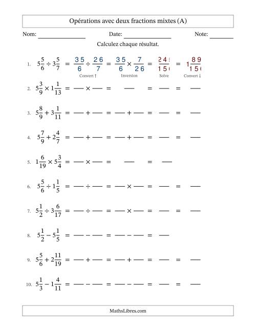 Opérations avec deux fractions mixtes avec dénominateurs différents, résultats sous fractions mixtes et sans simplification (Remplissable) (Tout)