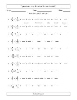 Opérations avec deux fractions mixtes avec dénominateurs différents, résultats sous fractions mixtes et simplification dans tous les problèmes (Remplissable)