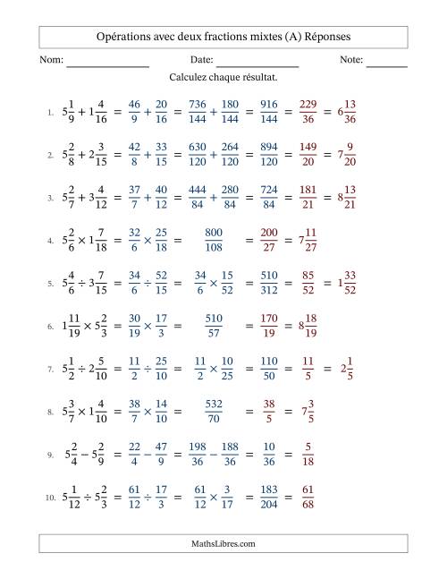 Opérations avec deux fractions mixtes avec dénominateurs différents, résultats sous fractions mixtes et simplification dans tous les problèmes (Remplissable) (A) page 2