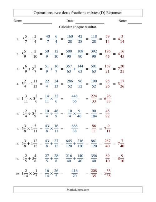 Opérations avec deux fractions mixtes avec dénominateurs différents, résultats sous fractions mixtes et simplification dans tous les problèmes (Remplissable) (D) page 2