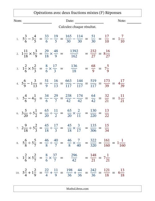 Opérations avec deux fractions mixtes avec dénominateurs différents, résultats sous fractions mixtes et simplification dans tous les problèmes (Remplissable) (F) page 2