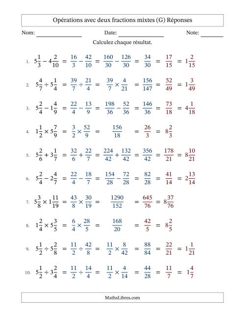 Opérations avec deux fractions mixtes avec dénominateurs différents, résultats sous fractions mixtes et simplification dans tous les problèmes (Remplissable) (G) page 2