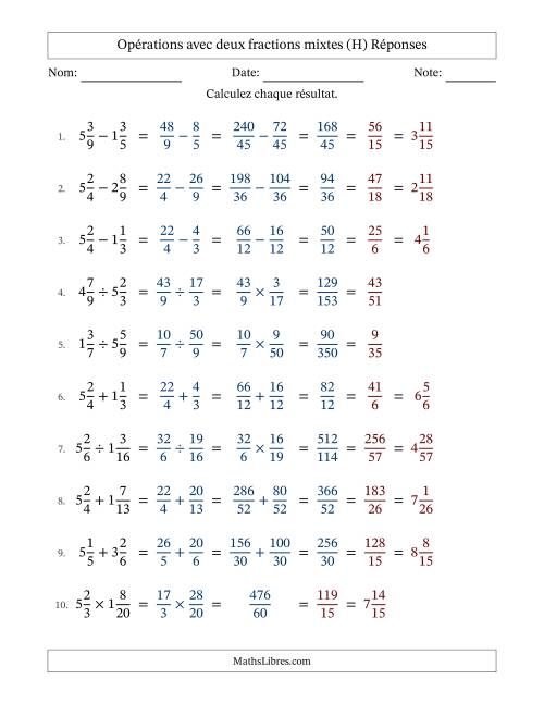 Opérations avec deux fractions mixtes avec dénominateurs différents, résultats sous fractions mixtes et simplification dans tous les problèmes (Remplissable) (H) page 2