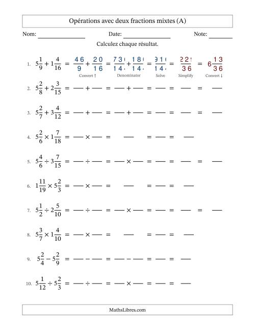 Opérations avec deux fractions mixtes avec dénominateurs différents, résultats sous fractions mixtes et simplification dans tous les problèmes (Remplissable) (Tout)
