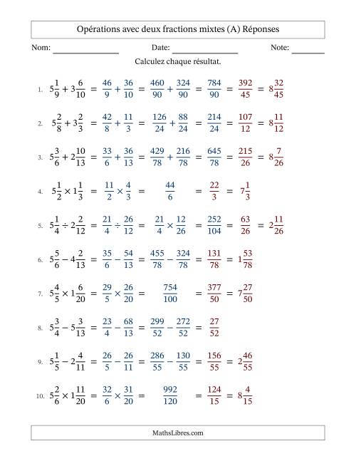 Opérations avec deux fractions mixtes avec dénominateurs différents, résultats sous fractions mixtes et quelque simplification (Remplissable) (A) page 2