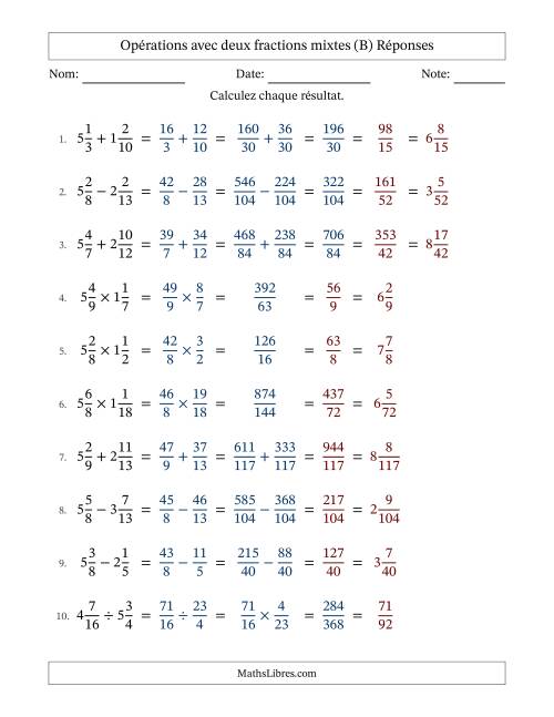 Opérations avec deux fractions mixtes avec dénominateurs différents, résultats sous fractions mixtes et quelque simplification (Remplissable) (B) page 2