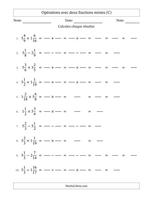Opérations avec deux fractions mixtes avec dénominateurs différents, résultats sous fractions mixtes et quelque simplification (Remplissable) (C)