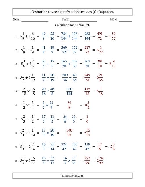 Opérations avec deux fractions mixtes avec dénominateurs différents, résultats sous fractions mixtes et quelque simplification (Remplissable) (C) page 2