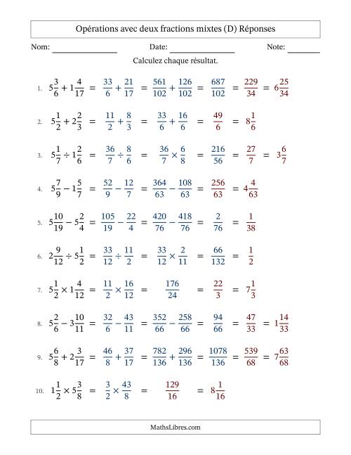 Opérations avec deux fractions mixtes avec dénominateurs différents, résultats sous fractions mixtes et quelque simplification (Remplissable) (D) page 2