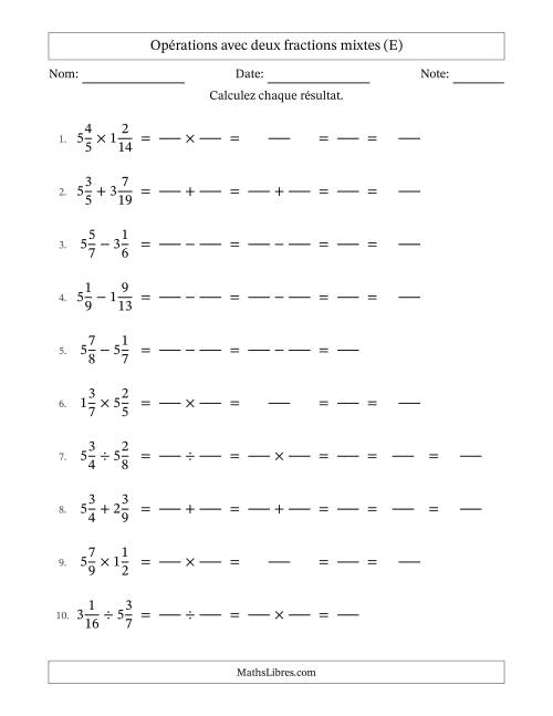 Opérations avec deux fractions mixtes avec dénominateurs différents, résultats sous fractions mixtes et quelque simplification (Remplissable) (E)