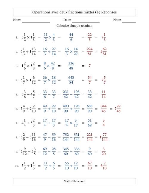 Opérations avec deux fractions mixtes avec dénominateurs différents, résultats sous fractions mixtes et quelque simplification (Remplissable) (F) page 2