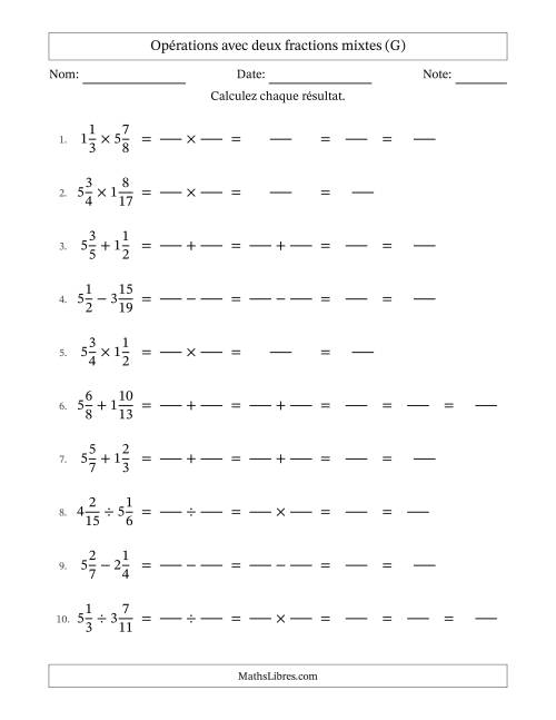 Opérations avec deux fractions mixtes avec dénominateurs différents, résultats sous fractions mixtes et quelque simplification (Remplissable) (G)