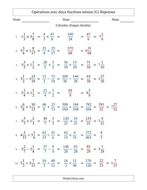 Opérations avec deux fractions mixtes avec dénominateurs différents, résultats sous fractions mixtes et quelque simplification (Remplissable) (G) page 2