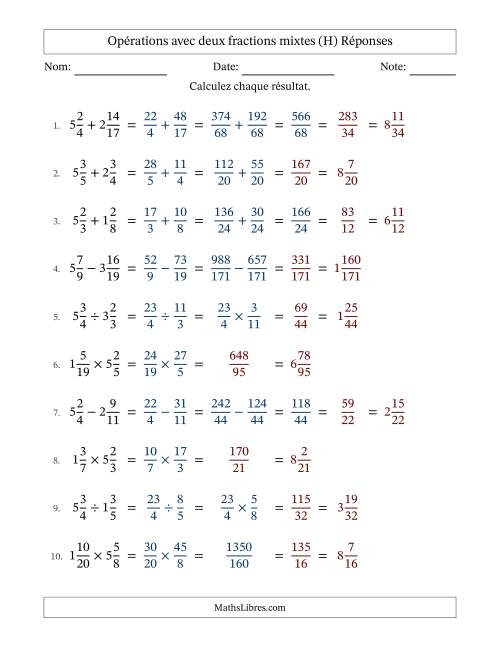 Opérations avec deux fractions mixtes avec dénominateurs différents, résultats sous fractions mixtes et quelque simplification (Remplissable) (H) page 2