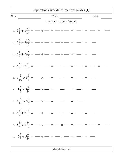Opérations avec deux fractions mixtes avec dénominateurs différents, résultats sous fractions mixtes et quelque simplification (Remplissable) (I)