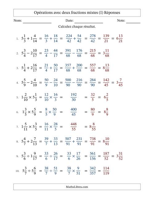 Opérations avec deux fractions mixtes avec dénominateurs différents, résultats sous fractions mixtes et quelque simplification (Remplissable) (I) page 2
