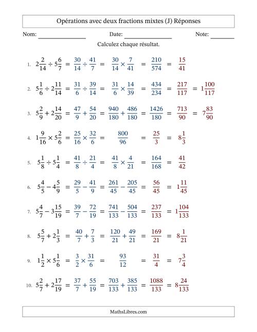 Opérations avec deux fractions mixtes avec dénominateurs différents, résultats sous fractions mixtes et quelque simplification (Remplissable) (J) page 2