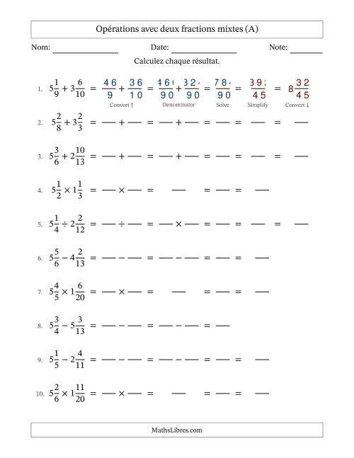 Opérations avec deux fractions mixtes avec dénominateurs différents, résultats sous fractions mixtes et quelque simplification (Remplissable) (Tout)